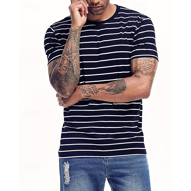 Men's T Shirt Tee Short Sleeve Shirt Tee Top Short Sleeve Crew Neck Summer Spring Stripes Fashion Designer Basic Classic Vacation Street Going out Black Navy Blue Top Tee for Men4