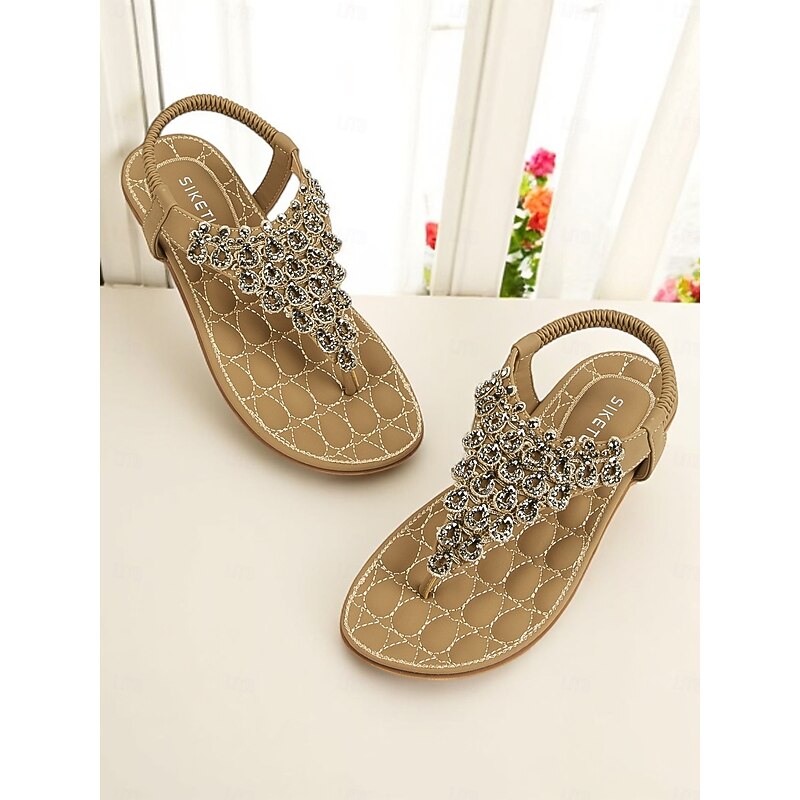 Women's Rhinestone T-Strap Flat Sandals – Sparkly Boho Style Summer Shoes for Beach Vacations, Casual Outings, and Resort Wear3