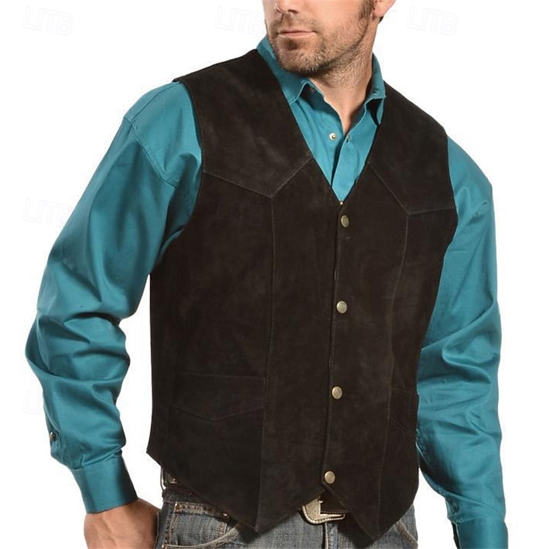 Men's Vest Gilet Vacation Daily Date Fashion Casual Spring Fall Buttons Pocket Polyester Comfortable Plain Single Breasted One-button V Neck Regular Fit Black Camel Vest4