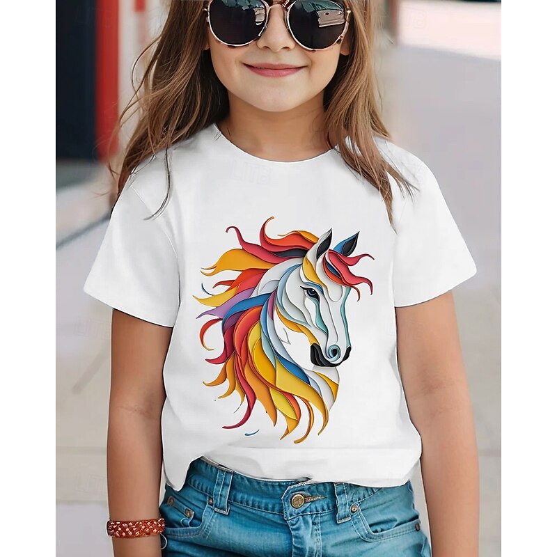100% Cotton Kids Girls' 1 2 3 Horse T shirt Tee Crew Neck Short Sleeve Outdoor Vacation Daily Classic Casual Print Summer2