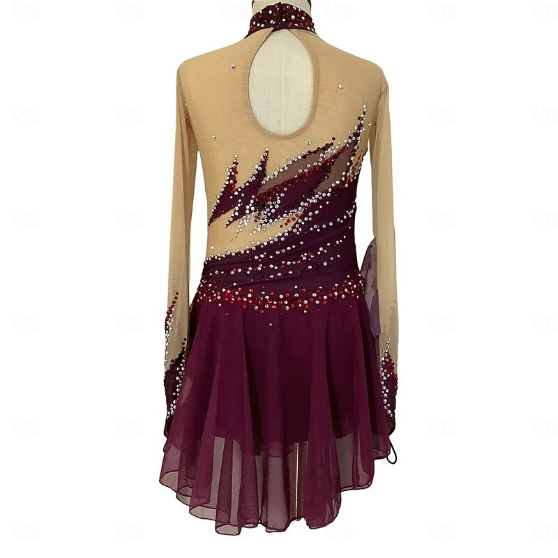 Figure Skating Dress Women's Girls' Ice Skating Dress Fuchsia Patchwork Thumbhole Mesh Spandex Stretchy Training Practice Professional Skating Wear Thermal Warm Classic Crystal / Rhinestone Long3