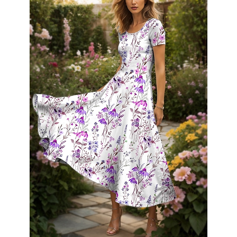 Women's Maxi Dress Casual Dress A Line Dress Summer Dress Elegant Vacation Casual Regular Fit Floral Graphic Short Sleeve Square Neck Red Blue Purple Summer4