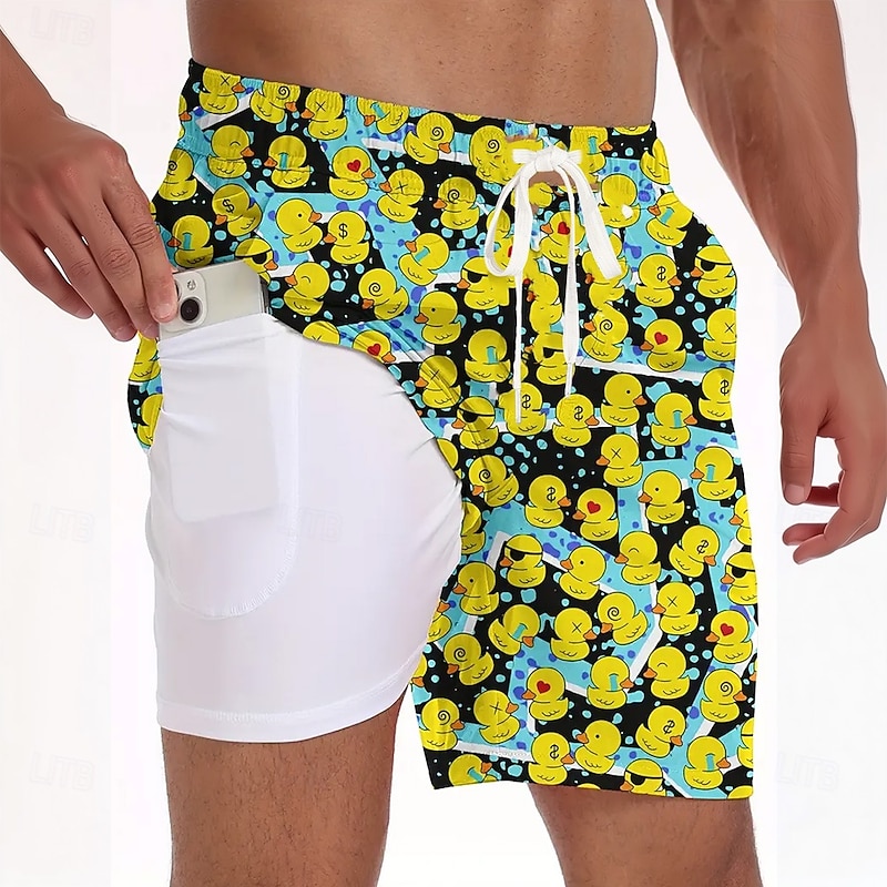Men's Animal Funny Duck Lined Shorts 2 in 1 Board Shorts Swim Shorts Mid Waist Hawaiian Vacation Beach Wear Side Pockets With Compression Liner Elastic Drawstring Waist Designer Clothing Apparel4