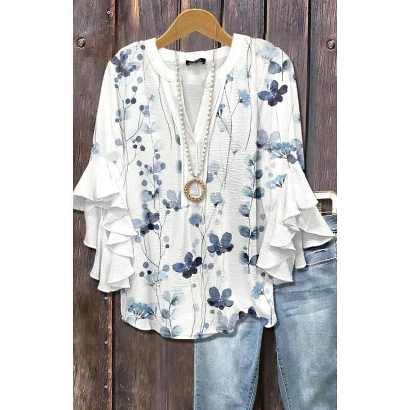Women's Blouse V Neck Layered Ruffle Sleeve Tops Floral Graphic Daily Stylish Casual 3/4 Length Sleeve Regular Tops Daily Holiday Vacation Wear Print White Dusty Blue Green Rose Pink Summer Spring3