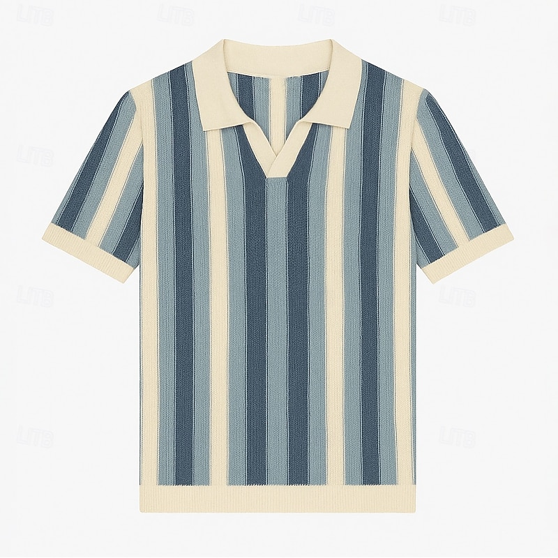 Men's Business Casual V Neck Classic Short Sleeve Vintage Fashion Color Block Vertical Stripes Patchwork Summer Spring Fall Beige3