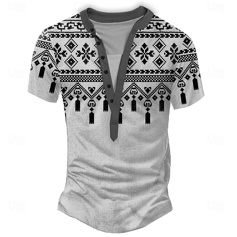 Men's Geometric Tribal T Shirt Henley Shirt Tee Short Sleeve Designer Basic Classic Outdoor Casual Daily Summer Light Green Light Blue Light Gray Khaki Henley Henley T-Shirt4