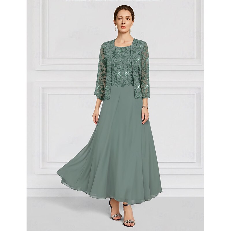 Two Piece A-Line Mother of the Bride Dress Beaded Elegant Vintage Simple Crew Neck Ankle Length Lace Long Sleeve with Lace Embroidery