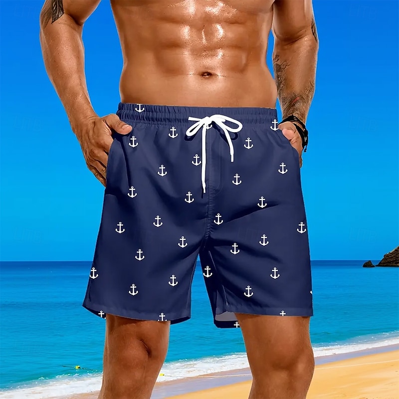 Men's Nautical Anchor Swim Trunks Swim Shorts Board Shorts Mid Waist Streetwear Hawaiian Beach Vacation Wear Side Pockets Mesh Lining Elastic Drawstring Waist Designer Clothing Apparel