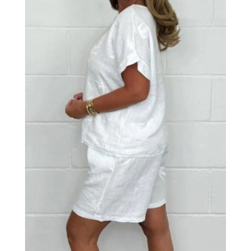Women's Active Basic Cotton Linen Sets Shorts Sets Short Sleeve Crew Neck Geometric Print Holiday Casual Daily Black White Brown Summer Regular Fit3