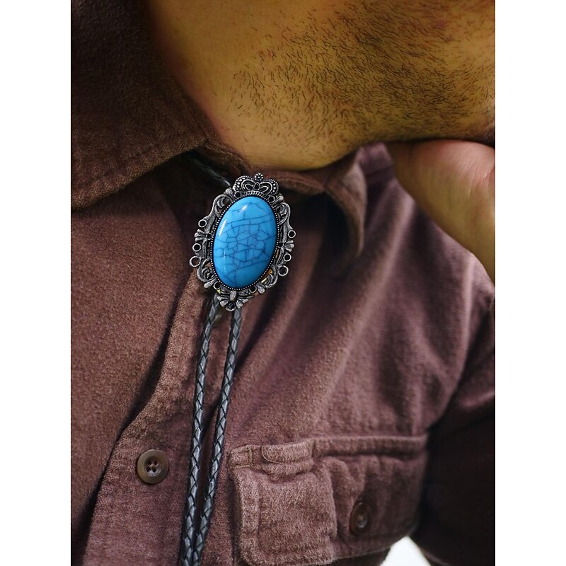 Men's Western Cowboy Bolo Tie with Turquoise Inlay, Vintage Design - Adjustable Leather Cord, Cowboy Fashion Accessory for Casual and Formal Occasions2