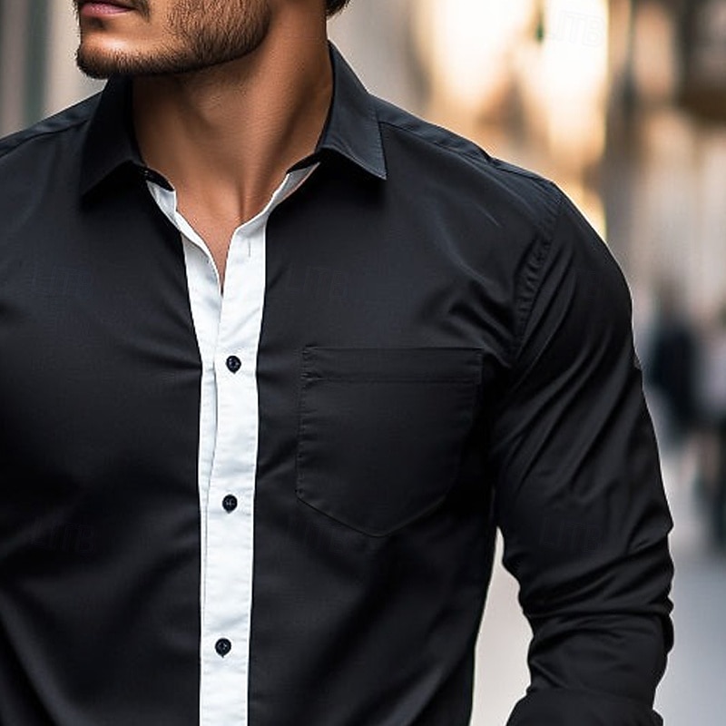 Men's Shirt Casual Shirt Button Up Shirt Black Long Sleeve Plain Collar Street Daily Clothing Apparel Fashion Casual3