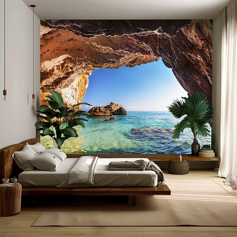 Landscape Ocean Cave Tapestry Large Tapestry Mural Decor Photograph Backdrop Blanket Curtain Home Bedroom Living Room Decoration2
