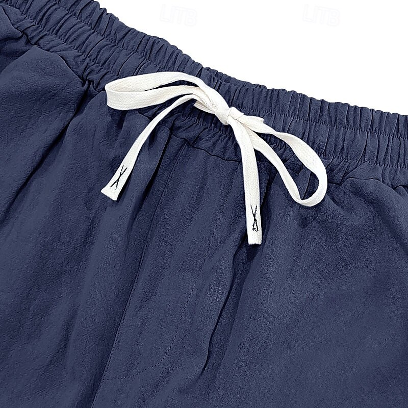 Men's Linen Pants Trousers Summer Pants Baggy Pants Pocket Elastic Waist Straight Leg Plain Comfort Breathable Full Length Casual Daily Holiday Fashion Classic Style Black White3