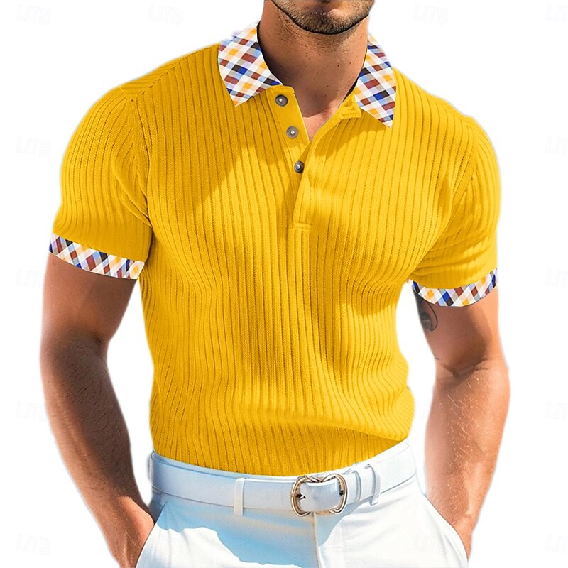 Men's Rib Knit Top Muscle Shirt Work Casual Lapel Ribbed Polo Collar Short Sleeve Basic Modern Color Block Buttons Knitted Summer Spring & Summer Slim Fit White Yellow Navy Blue Light Blue Rib Knit2