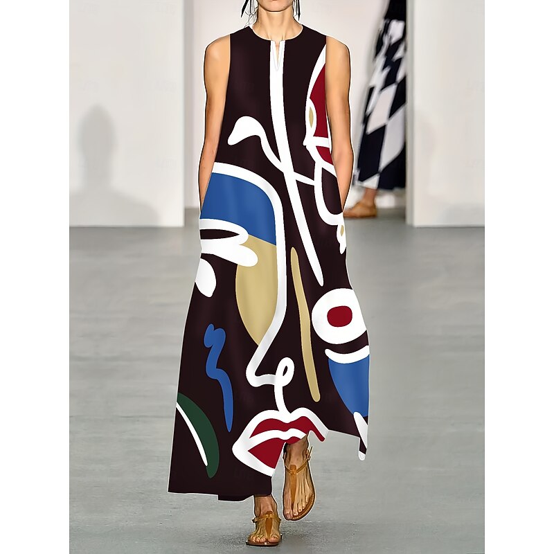 Women's Maxi Dress A Line Dress Summer Dress Vacation Casual Boho Daily Holiday Loose Fit Graphic Abstract Sleeveless V Neck White Red Blue Summer4