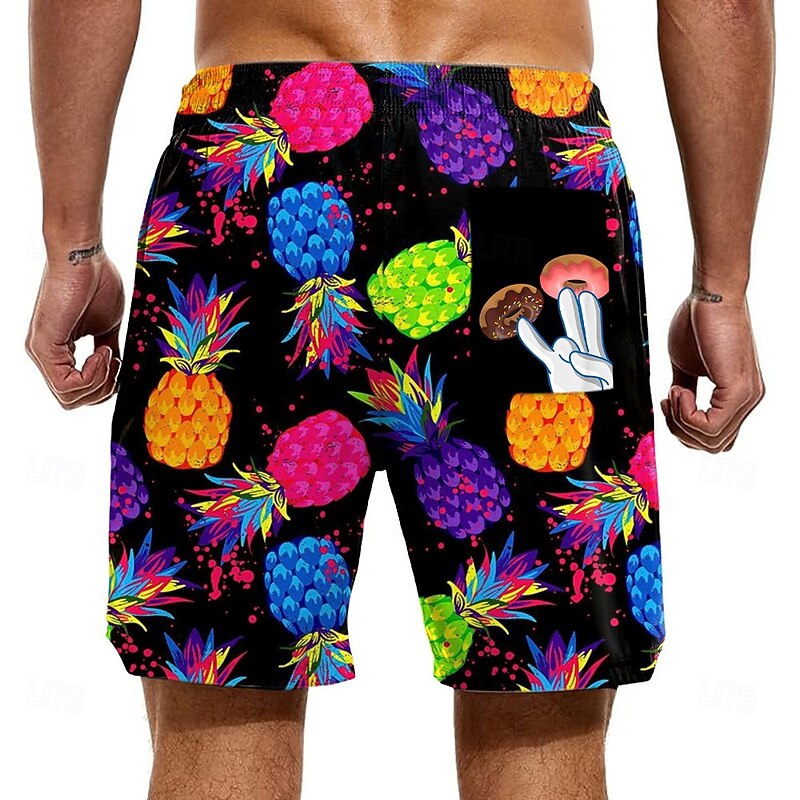 Men's Pineapple Funny Donuts Lined Shorts 2 in 1 Board Shorts Swim Shorts Mid Waist Hawaiian Vacation Holiday Beach Wear Side Pockets With Compression Liner Elastic Drawstring Waist Designer Clothing2