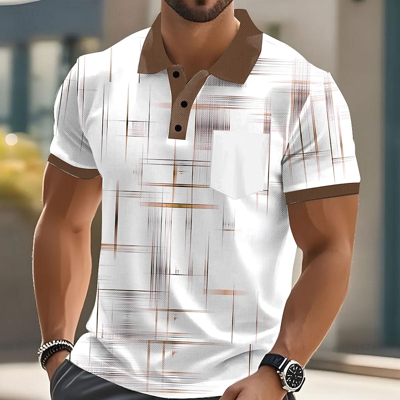 Men's Geometic Line Polo Short Sleeve Polo Shirts Collared Shirts Business Casual Outdoor Athleisure Daily Wear Pocket 3D Print Buttons Summer Black Blue Purple4