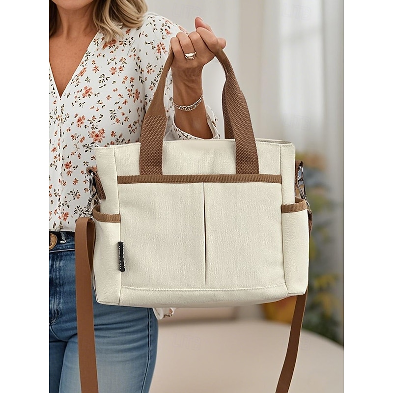 Women's Canvas Tote Shoulder Bag – Casual Two-Tone Handbag with Large Capacity, Multi-Pocket Design, Lightweight Crossbody Purse for Daily Use, Travel & Mom Essentials