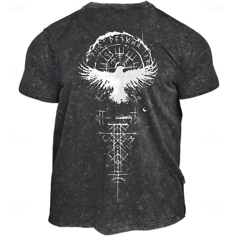 Men's Graphic T-Shirt with Norse Raven & Runic Symbols, Washed Grey Viking Short Sleeve Tee