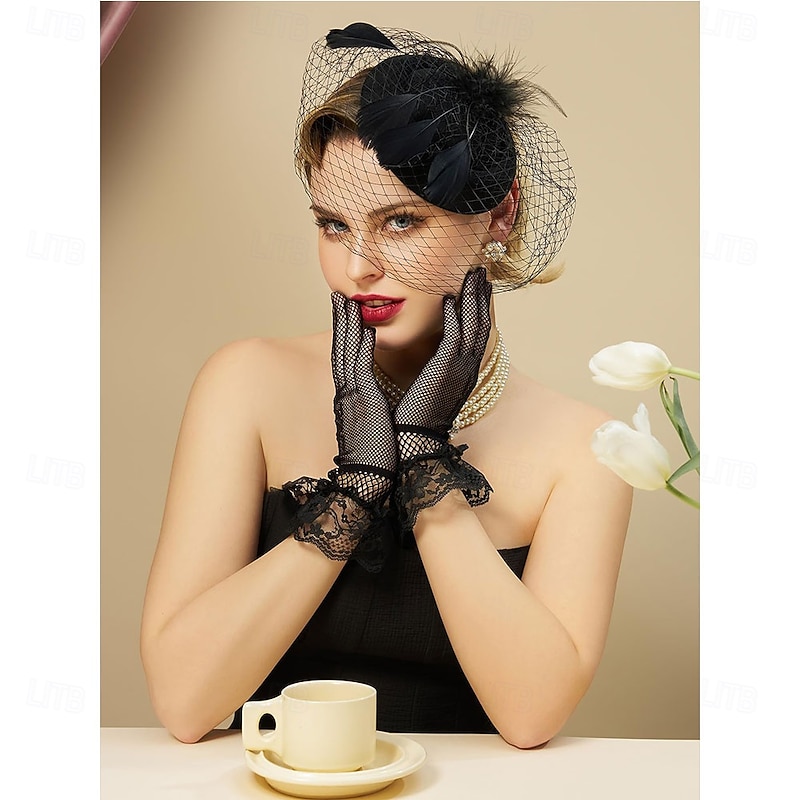 Fascinators Pillbox Hats for Women, Tea Party Hat and Short Lace Gloves Set Perfect for Kentucky Derby, Cocktail3