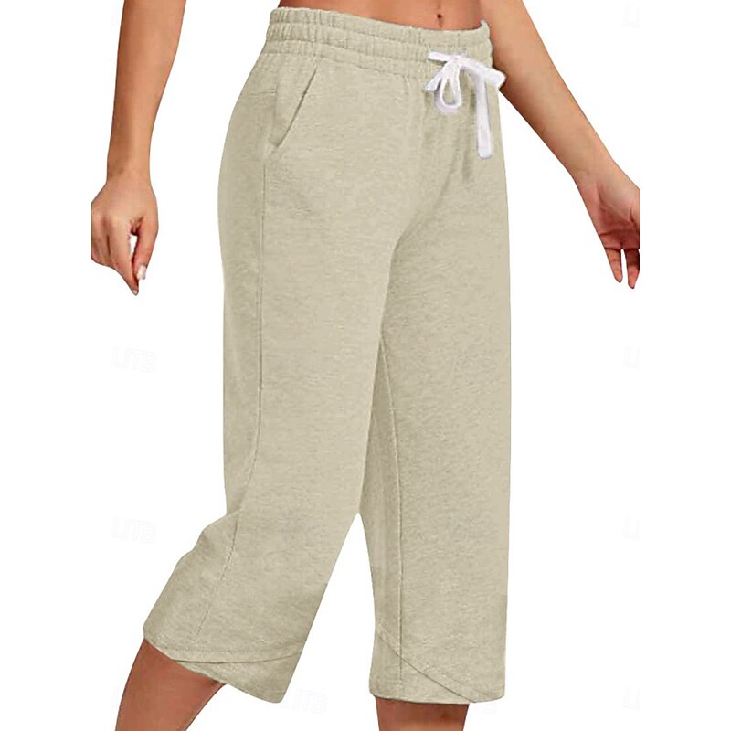 Women's Cotton Linen Pants Capri Pants Solid Color Chinos Basic Casual Calf-Length High Waist Plain Pocket Drawstring Comfort Outdoor Micro-elastic Vacation Street Daily Black White Red Apricot2