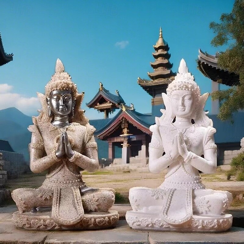 Sandstone Sitting Buddha Resin Statue,Southeast Asian Decorative Sculpture for Home Decor, Meditation Desk Ornament, Zen Craft Gift