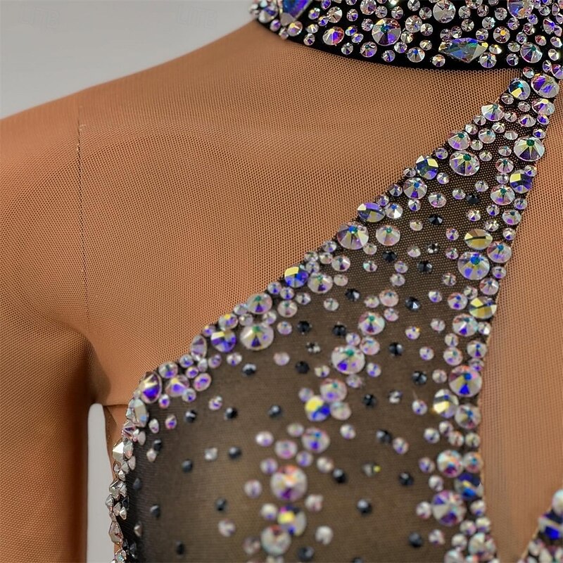 Figure Skating Dress Women's Girls' Ice Skating Dress Black Thumbhole Open Back Mesh Spandex High Elasticity Training Competition Skating Wear Classic Crystal / Rhinestone Long Sleeve Ice Skating3