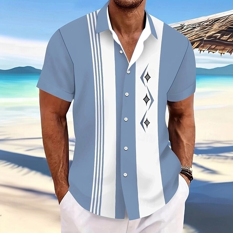 Men's Geometric Color Block Striped Shirt Casual Shirt Button Up Shirt Short Sleeve Fashion Casual Outdoor Vacation Streetwear Summer Spring Turndown 3D Print Collared Shirts Blue 1# Blue