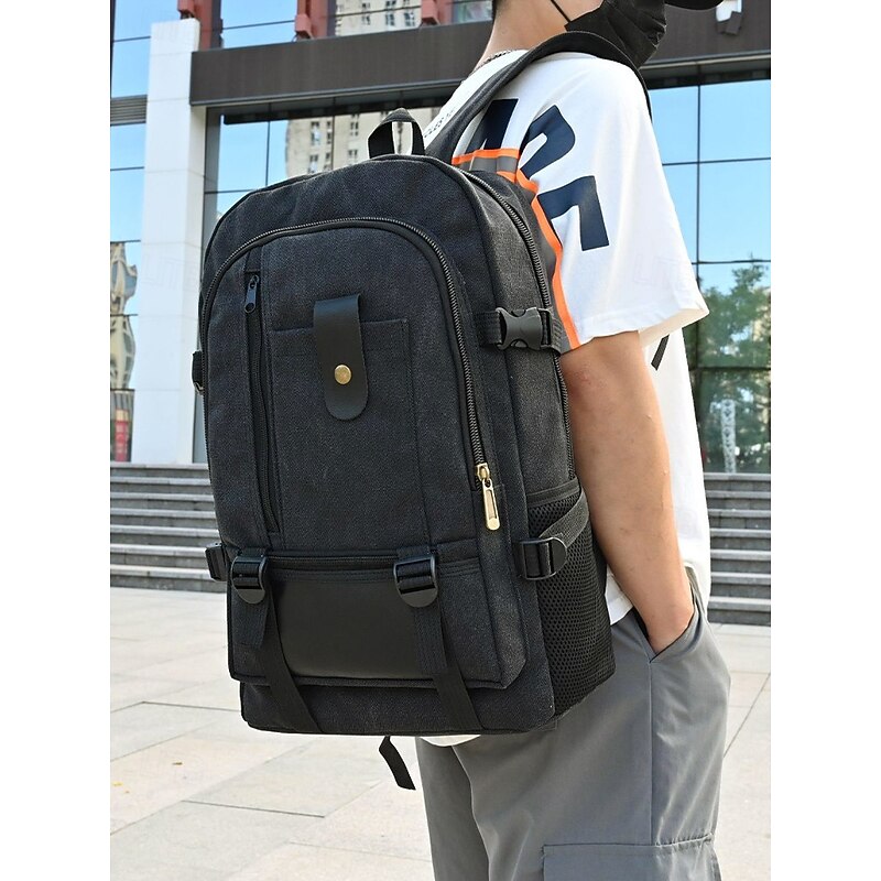 Men's Large Capacity Canvas Backpack – Vintage Style Travel Rucksack with Multiple Pockets and Buckle Straps for School, Work or Outdoor Adventures3