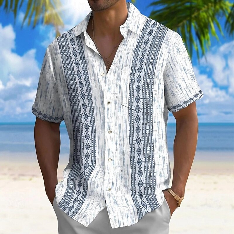 Men's Geometric Shirt Guayabera Shirt Button Up Shirt Short Sleeve Fashion Casual Vacation Holiday Streetwear Summer Spring Turndown 3D Print Collared Shirts Front One Pocket White