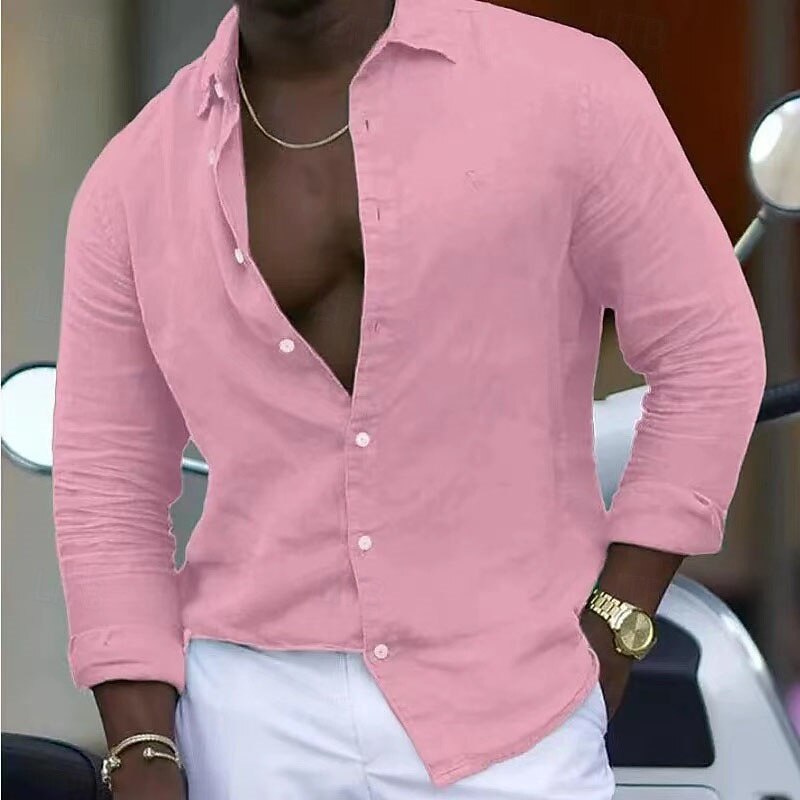 Men's Shirt Casual Shirt Button Up Shirt Plain Vacation Street White Pink Sky Blue Green Long Sleeve Lapel Spring & Summer Clothing Apparel Button-Down4