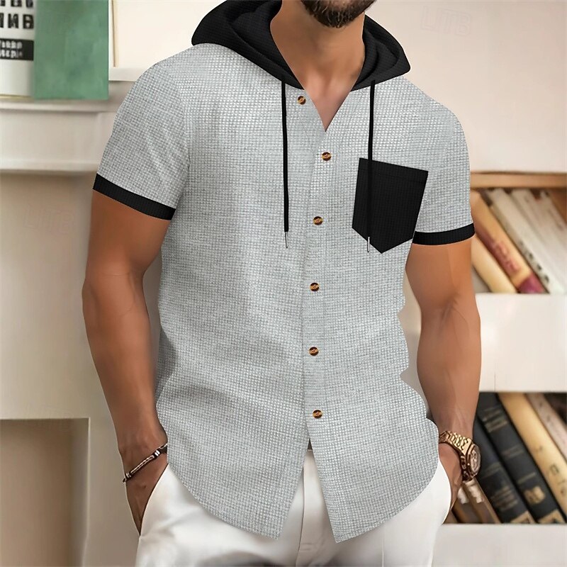 Men's Shirt Waffle Shirt Summer Shirt Casual Shirt Beach Shirt Button Up Shirt Black Wine Dark Green khaki Gray Short Sleeve Color Block Hooded Vacation Hawaiian Front Pocket Clothing Apparel