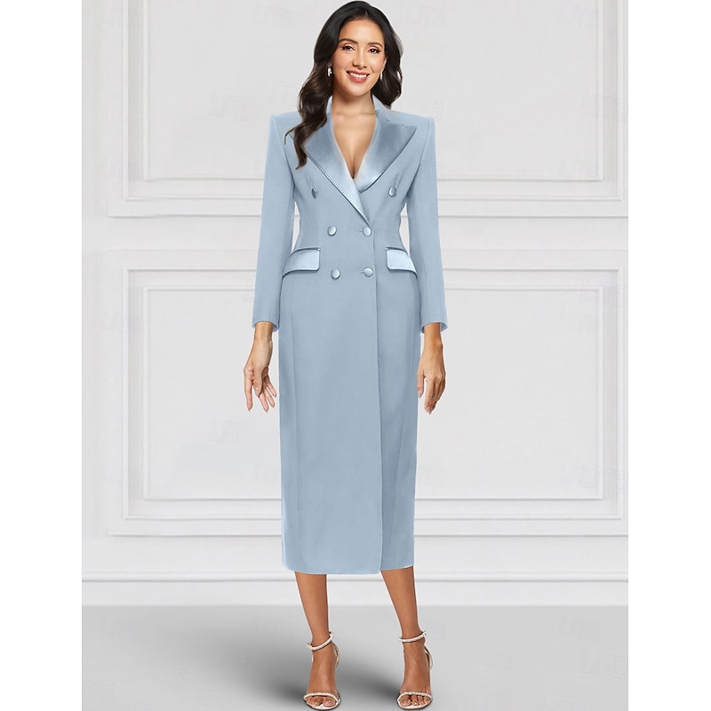 Tuxedo Dress Sheath / Column Wedding Guest Stretch Crepe Elegant Simple 3/4 Sleeve Pleated Tea Length Peak Lapel4