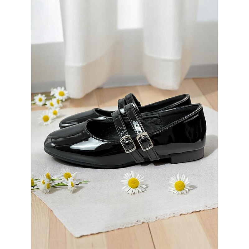 Little Girls' Double Strap Patent Mary Jane Flats – Classic Buckle School Shoes for Daily Wear and Uniform Use