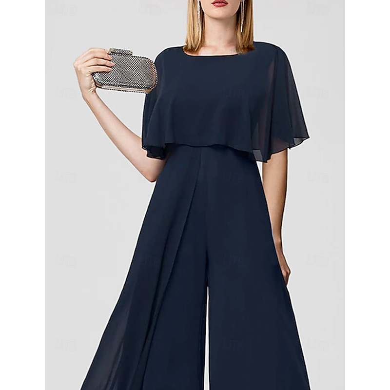 Jumpsuits Wedding Guest es Elegant  Formal Wedding Floor Length Short Sleeve Jewel Neck Chiffon with Fringe free custom size3