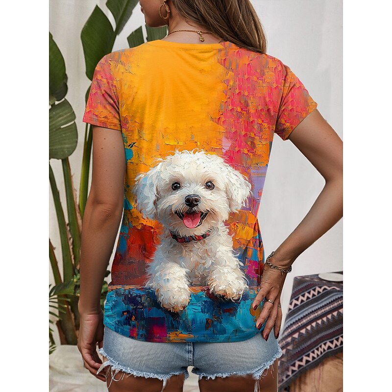 Women's T Shirt Graphic Animal Dog Vintage Stylish Casual Short Sleeve V Neck Regular Tops Daily Print Yellow Blue Orange Light Blue Summer Spring2