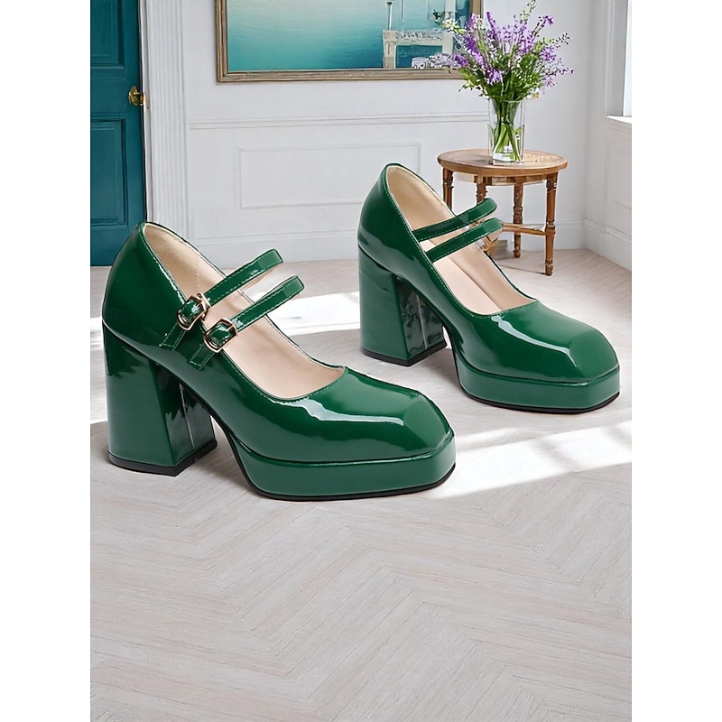 Women's 1980s Retro Double Strap Mary Jane Heels – Green Patent Leather Block Heel Platform Shoes for Vintage-Inspired Fashion, Parties, and Casual Wear4
