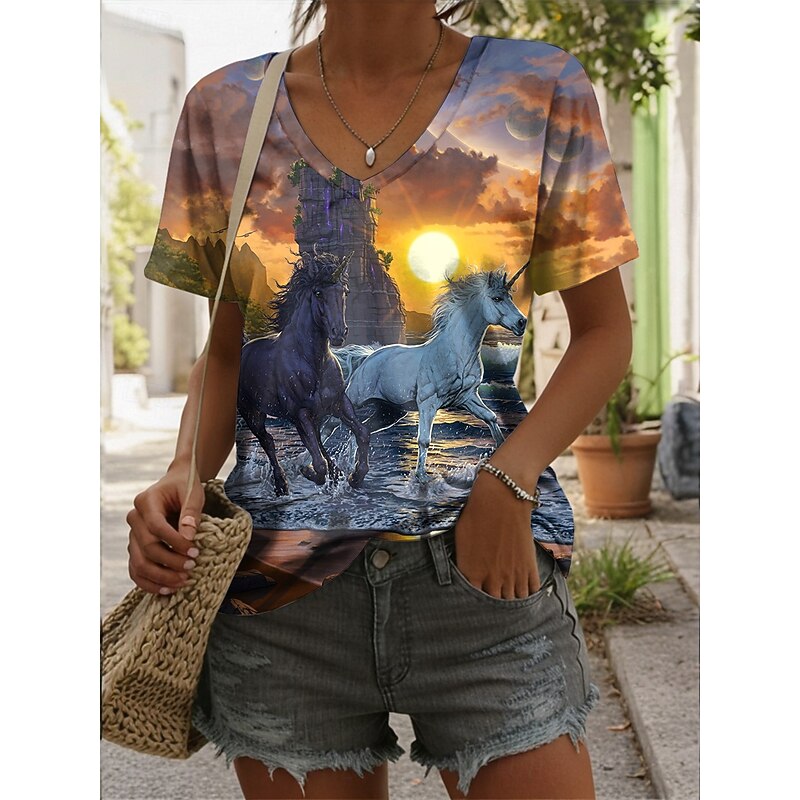 Unicorns in Sunset By Vincent Hie Women's T Shirt Graphic Animal Scenery Stylish Casual Short Sleeve V Neck Regular Tops Daily Print Orange Summer Spring