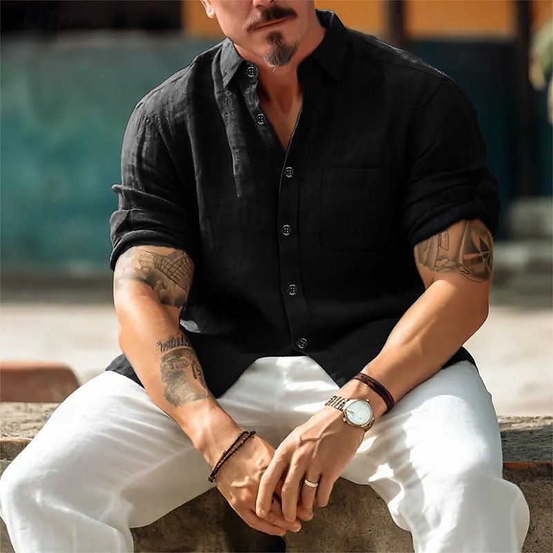 Men's Shirt Linen Shirt Summer Shirt Beach Wear Casual Shirt Button Up Shirt Plain Casual Daily Black Navy Blue Brown Gray Long Sleeve Turndown Spring & Summer Clothing Apparel Front Pocket3