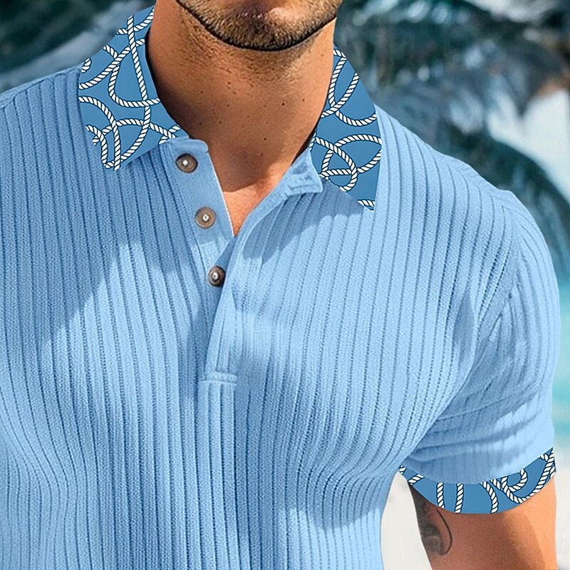 Men's Rib Knit Top Muscle Shirt Work Casual Lapel Ribbed Polo Collar Short Sleeve Basic Modern Color Block Buttons Knitted Summer Spring & Summer Slim Fit White Burgundy Navy Blue Light Blue Gray Rib3