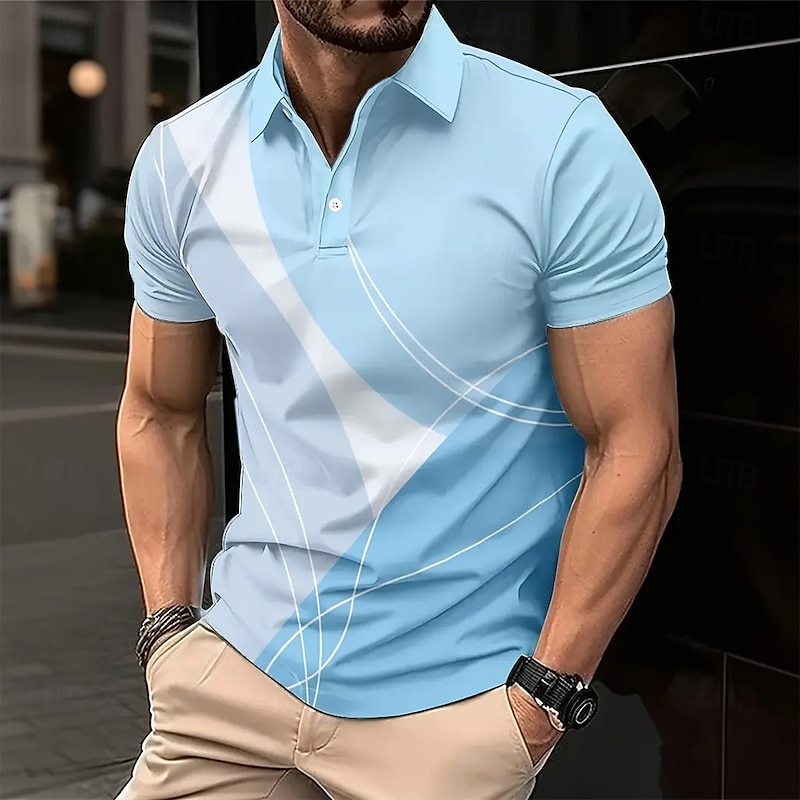 Men's Abstract Line Polo Short Sleeve Polo Shirts Collared Shirts Business Casual Outdoor Athleisure Daily Wear 3D Print Summer Blue