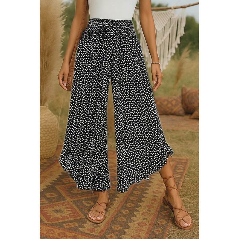 Women's Wide Leg Pants Trousers Bohemian Boho Long High Waist Polka Dot Printing Elastic Drawstring Design High Cut Breathability Soft Micro-elastic Vacation Holiday Casual Daily Black Summer Regular