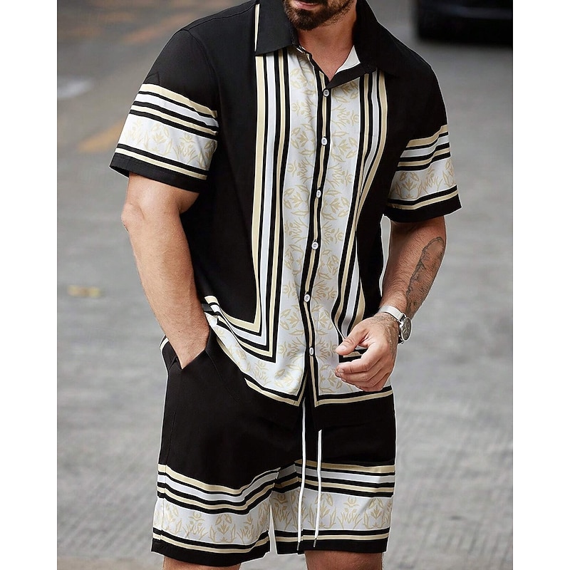 Men's Shirt Suits T-shirt Suits 2 Pieces Outfits Tee & Shorts Short Sleeve Shirt Collar Summer Color Block Fashion Casual 2 Piece Vacation Daily Wear Going out Black Navy Blue Top Tee for Men