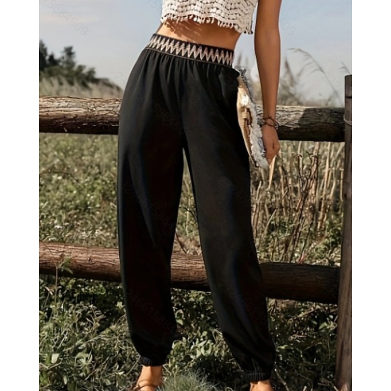 Women's Slacks Casual Boho Full Length Natural Flower Patchwork Elastic Waist Outdoor Comfortable Street Going out Black Summer Regular Fit3