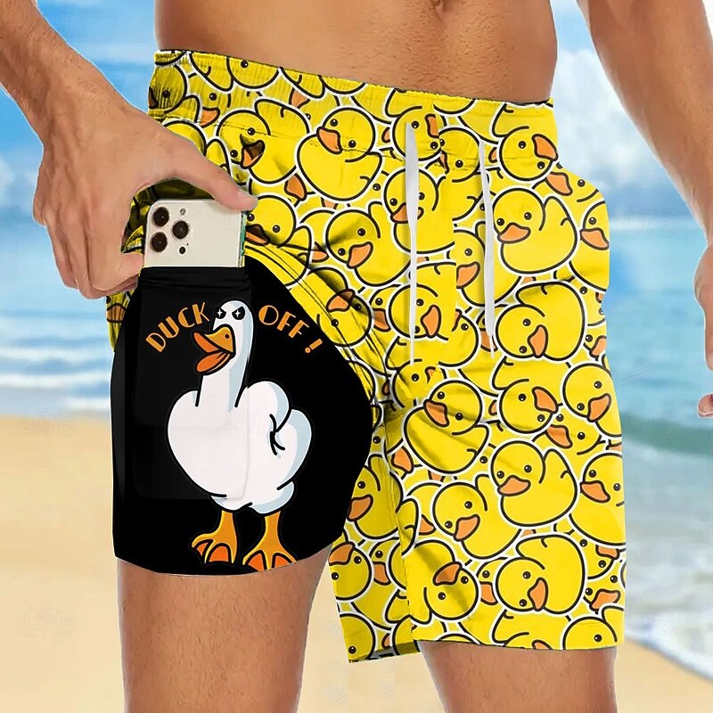 Men's Animal Funny Duck Lined Shorts 2 in 1 Board Shorts Swim Shorts Mid Waist Hawaiian Vacation Holiday Beach Wear Side Pockets With Compression Liner Elastic Drawstring Waist Designer Clothing2