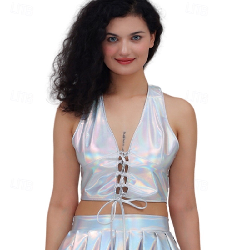 Retro Vintage 1980s Crop Top Disco Halter Shiny Latex Patent Metallic Fancy Dress Women's Halloween Carnival Pride Parade Pride Month Adults' Top Summer2
