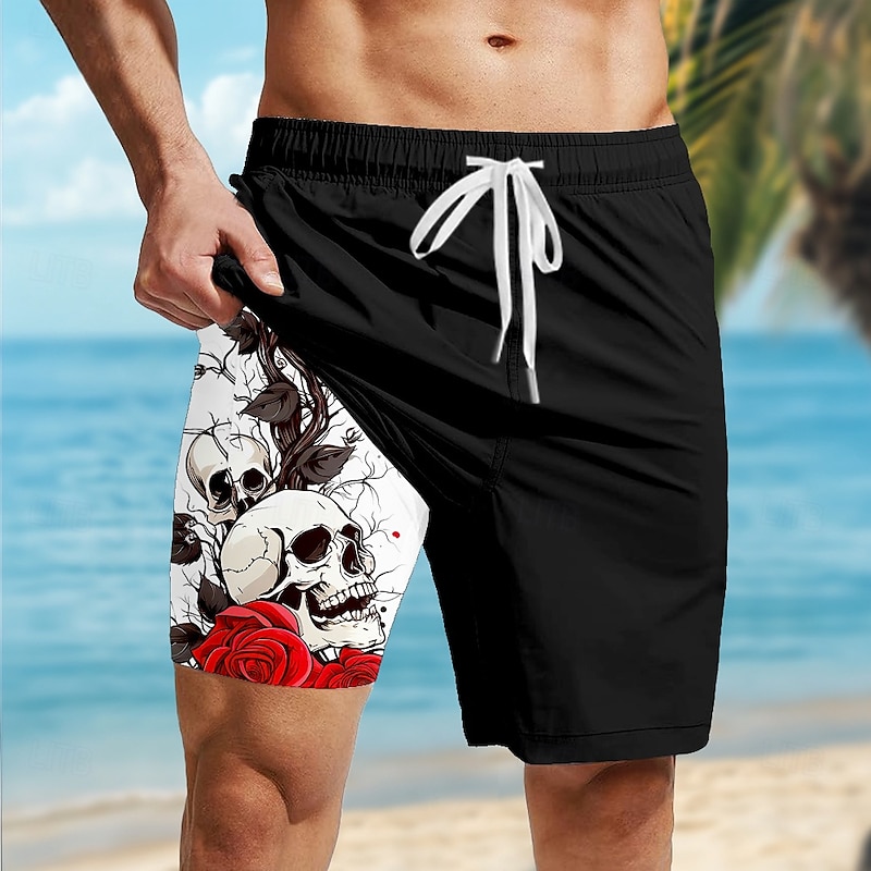 Men's Skull Gothic Halloween Costumes Lined Shorts 2 in 1 Board Shorts Swim Shorts Mid Waist Hawaiian Retro Vintage Holiday Streetwear Side Pockets With Compression Liner Elastic Drawstring Waist