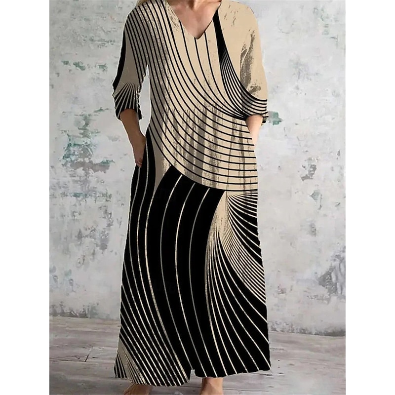 Women's Long Dress Maxi Dress Casual Dress Summer Dress Boho Dress Fashion Vacation Daily Weekend Regular Fit Geometric Long Sleeve V Neck Black Khaki Apricot Summer3