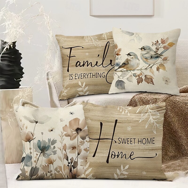 Vintage Floral Decorative Toss Pillows Cover 4PC Soft Square Couch Cushion Case Pillowcase for Bedroom Livingroom Sofa Chair