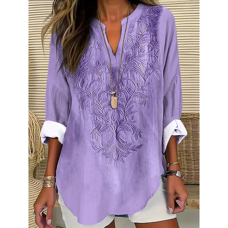 Women's Blouse Tunic V Neck Long Sleeve Boho Casual Cotton Linen Floral Basic Regular Tops Daily Buttons Print Pink Red Navy Blue Blue Purple4